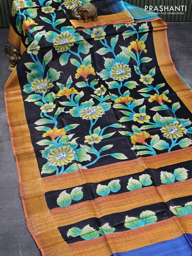 Pure tussar silk saree black and orange with allover hand painted floral prints and zari woven border