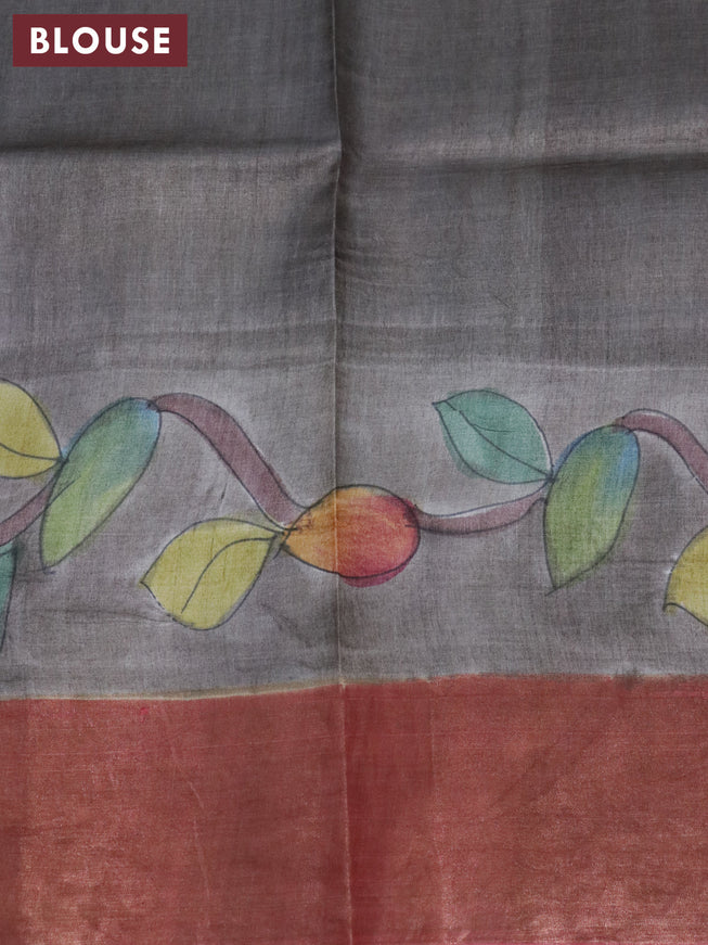 Pure tussar silk saree grey shade and pink shade with allover hand painted kalamkari prints and zari woven border