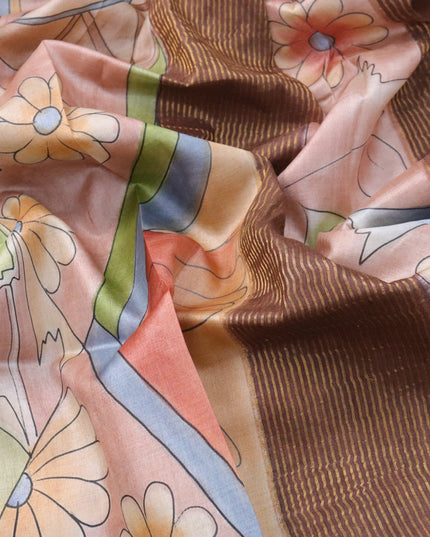 Pure tussar silk saree pastel peach and brown with hand pinted prints and zari woven border