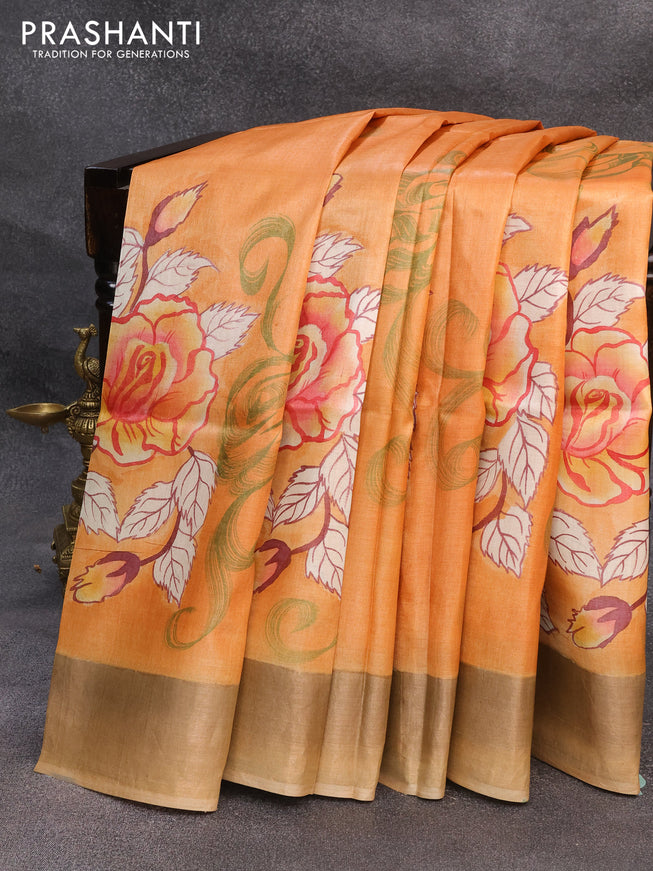 Pure tussar silk saree orange and beige with allover hand painted kalamkari prints and zari woven border