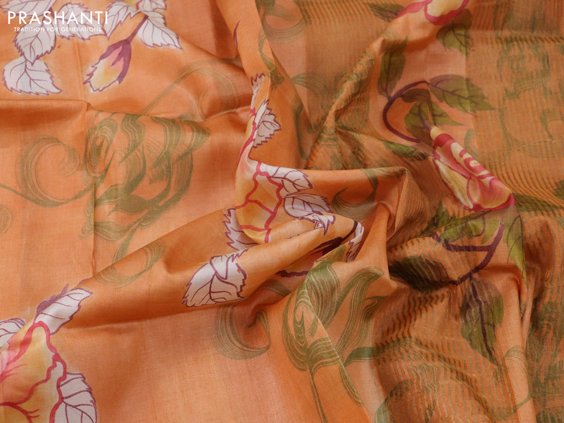 Pure tussar silk saree orange and beige with allover hand painted kalamkari prints and zari woven border