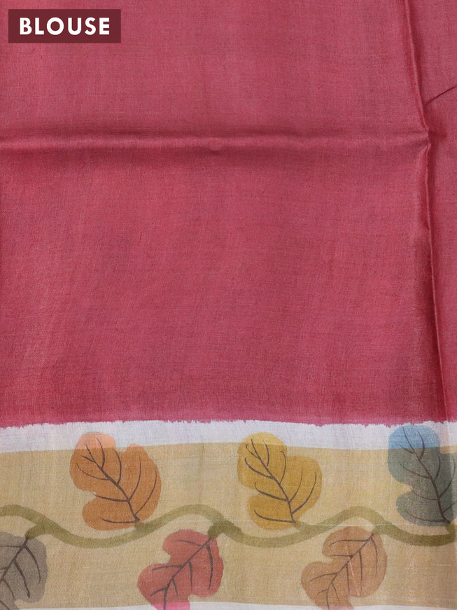 Pure tussar silk saree off white black and maroon with alliover hand painted leaf prints and zari woven border