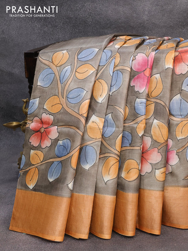 Pure tussar silk saree grey and rust shade with allover hand painted kalamkari prints and zari woven border