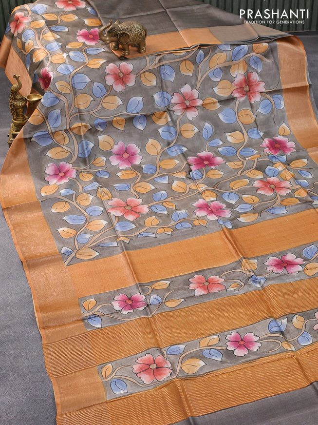 Pure tussar silk saree grey and rust shade with allover hand painted kalamkari prints and zari woven border
