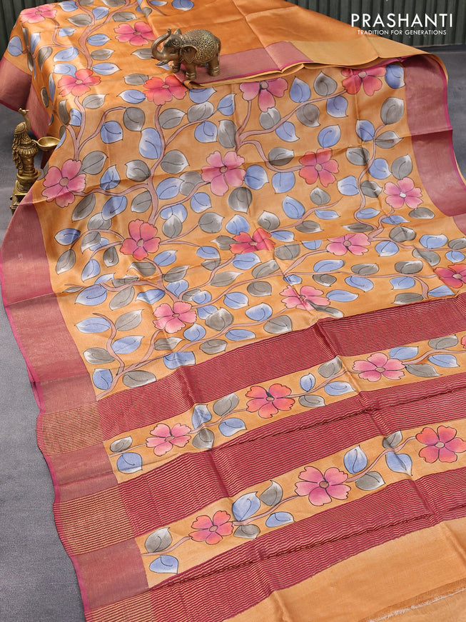 Pure tussar silk saree rust shade and maroon with allover hand painted kalamkari prints and zari woven border