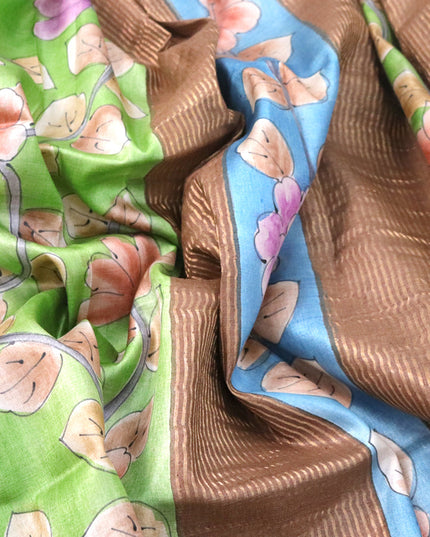Pure tussar silk saree green and brown with allover hand painted kalamkari prints and zari woven border