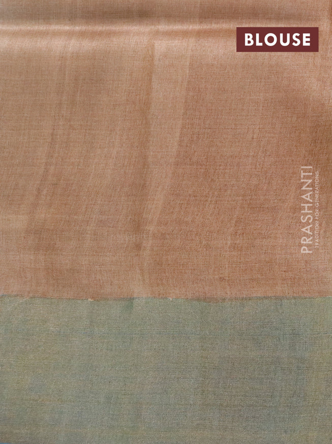 Pure tussar silk saree green and brown with allover hand painted kalamkari prints and zari woven border