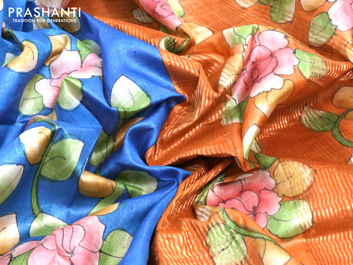 Pure tussar silk saree blue and orange with allover hand painted kalamkari prints and zari woven border