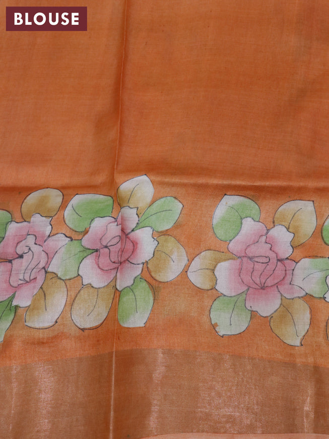 Pure tussar silk saree blue and orange with allover hand painted kalamkari prints and zari woven border