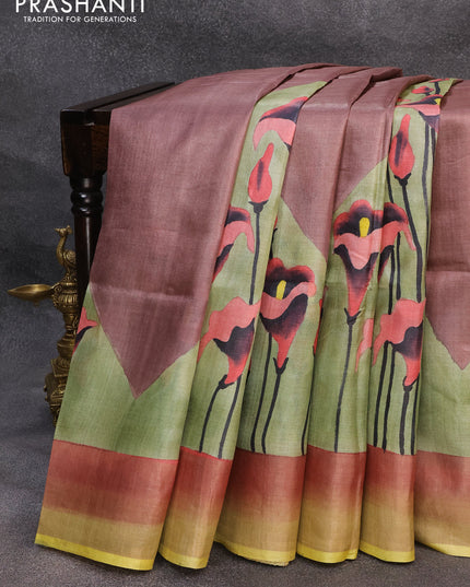 Pure tussar silk saree rosy brown pastel green and lime yellow with hand pinted prints and zari woven border