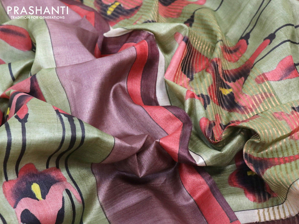 Pure tussar silk saree rosy brown pastel green and lime yellow with hand pinted prints and zari woven border