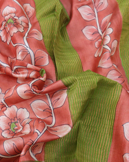 Pure tussar silk saree rust shade and green with allover hand painted kalamkari prints and zari woven border