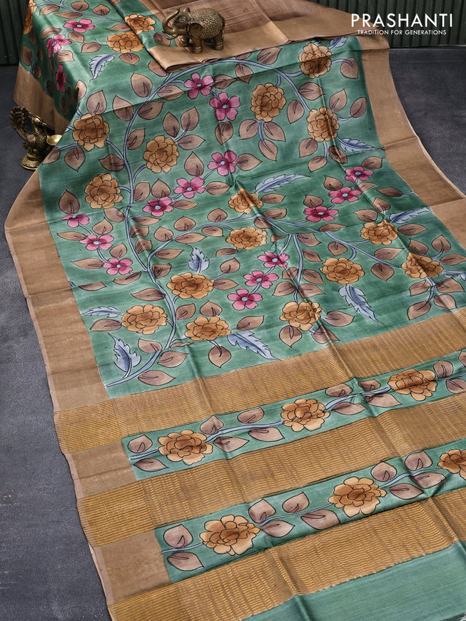 Pure tussar silk saree green shade and beige with allover hand painted kalamkari prints and zari woven border