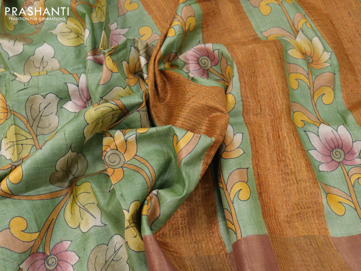Pure tussar silk saree green shade and maroon shade with allover hand painted kalamkari prints and zari woven border