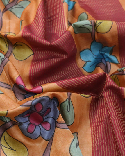 Pure tussar silk saree pale orange and dark pink with allover hand painted kalamkari prints and zari woven border