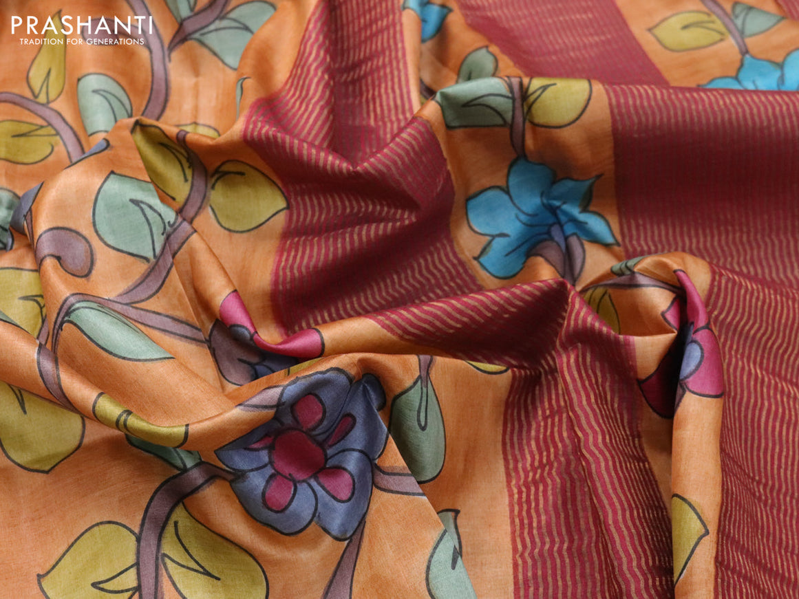 Pure tussar silk saree pale orange and dark pink with allover hand painted kalamkari prints and zari woven border