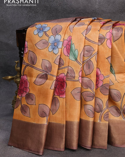 Pure tussar silk saree dark mustard and rosy brown with allover hand painted kalamkari prints and zari woven border