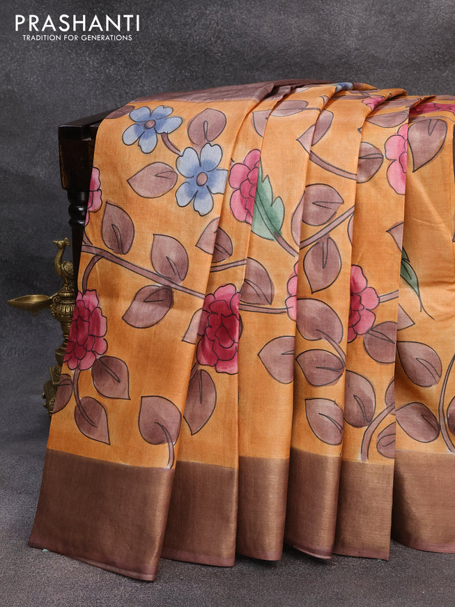 Pure tussar silk saree dark mustard and rosy brown with allover hand painted kalamkari prints and zari woven border