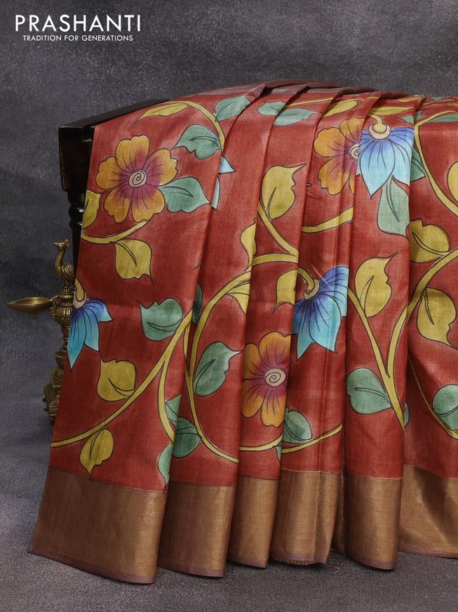 Pure tussar silk saree rust shade and brown with allover hand painted kalamkari prints and zari woven border