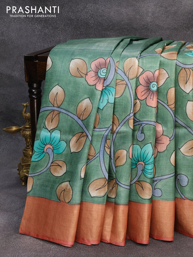 Pure tussar silk saree green and rust shade with allover hand painted kalamkari prints and zari woven border