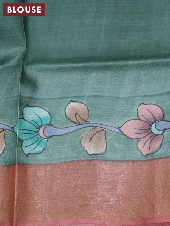 Pure tussar silk saree green and rust shade with allover hand painted kalamkari prints and zari woven border