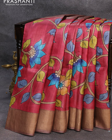 Pure tussar silk saree maroon and brown with allover hand painted kalamkari prints and zari woven border