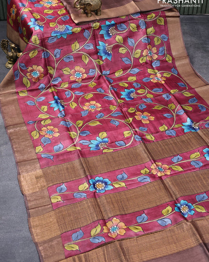 Pure tussar silk saree maroon and brown with allover hand painted kalamkari prints and zari woven border