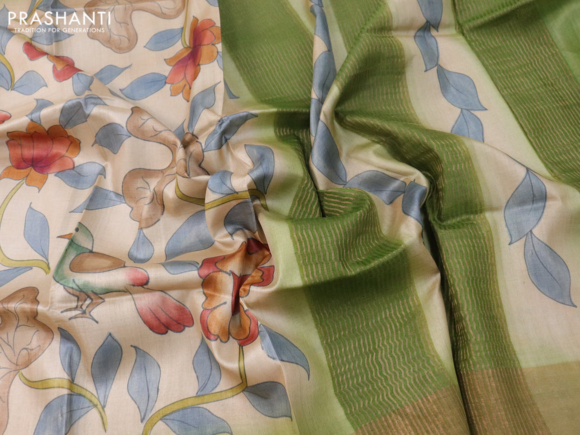 Pure tussar silk saree beige and green with allover hand painted kalamkari prints and zari woven border