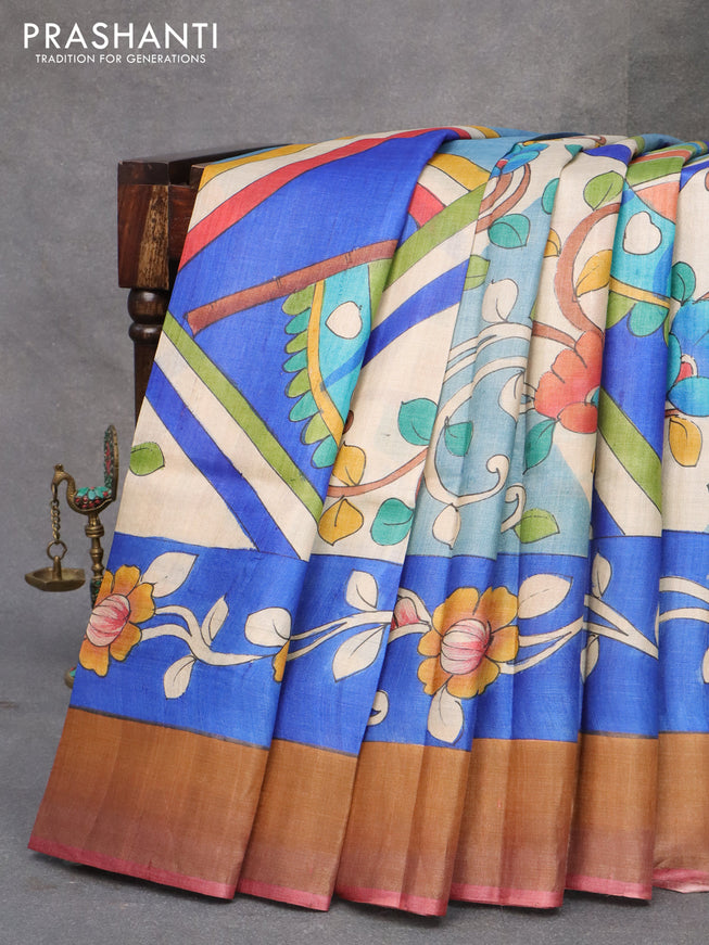 Pure tussar silk saree beige pastel blue and blue maroon shade with allover hand painted kalamkari prints and zari woven border