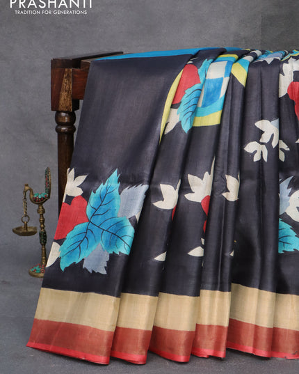 Pure tussar partly silk saree black and maroon with hand pinted leaf prints and zari woven border