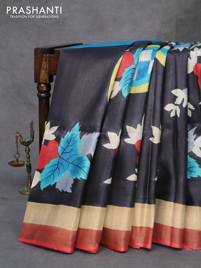 Pure tussar partly silk saree black and maroon with hand pinted leaf prints and zari woven border
