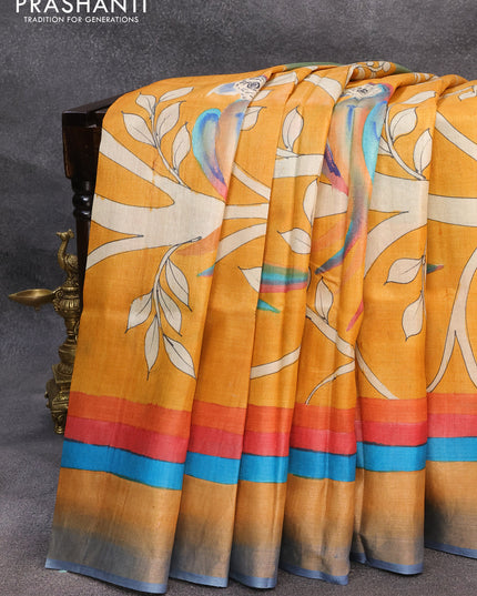 Pure tussar silk saree mustard yellow and grey with allover hand painted prints and zari woven border