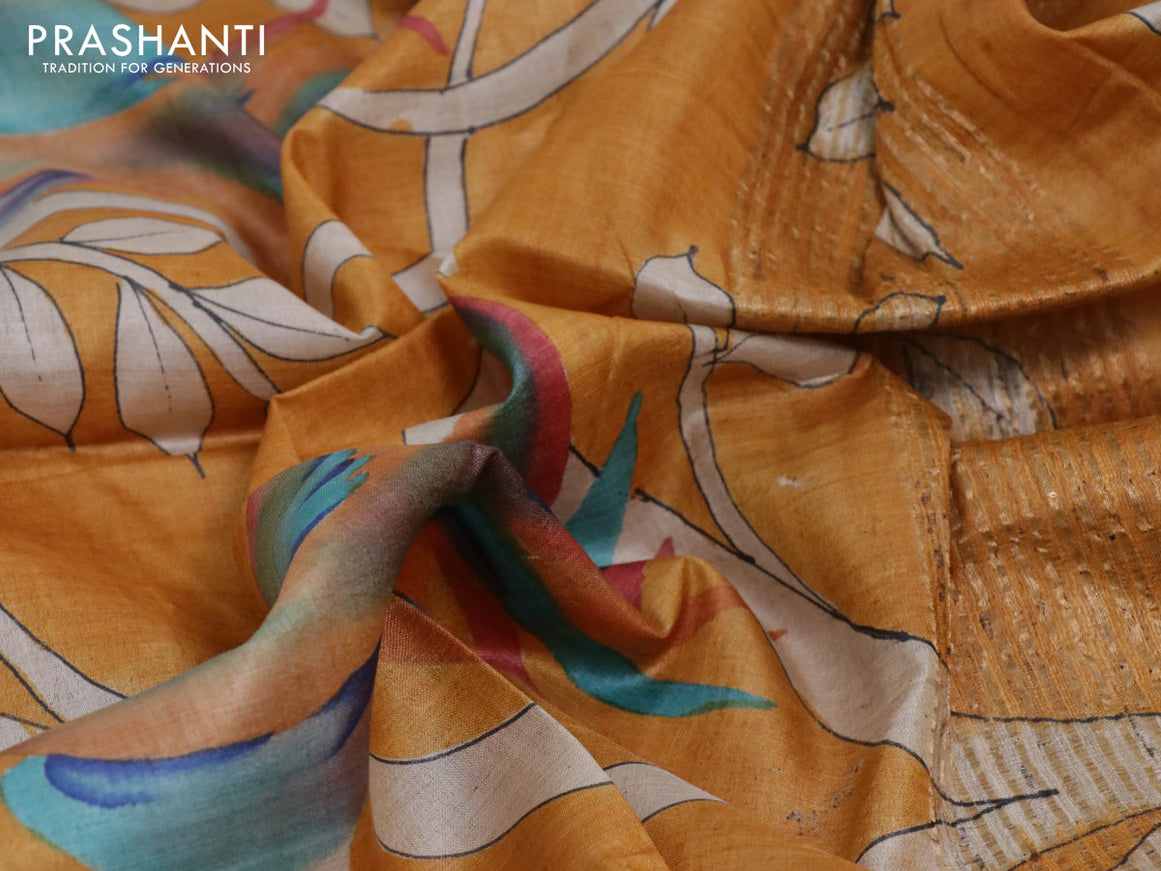 Pure tussar silk saree mustard yellow and grey with allover hand painted prints and zari woven border