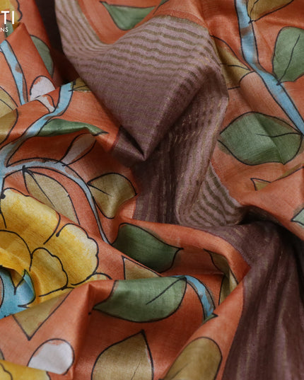 Pure tussar silk saree orange and grey with allover hand painted kalamkari prints and zari woven border