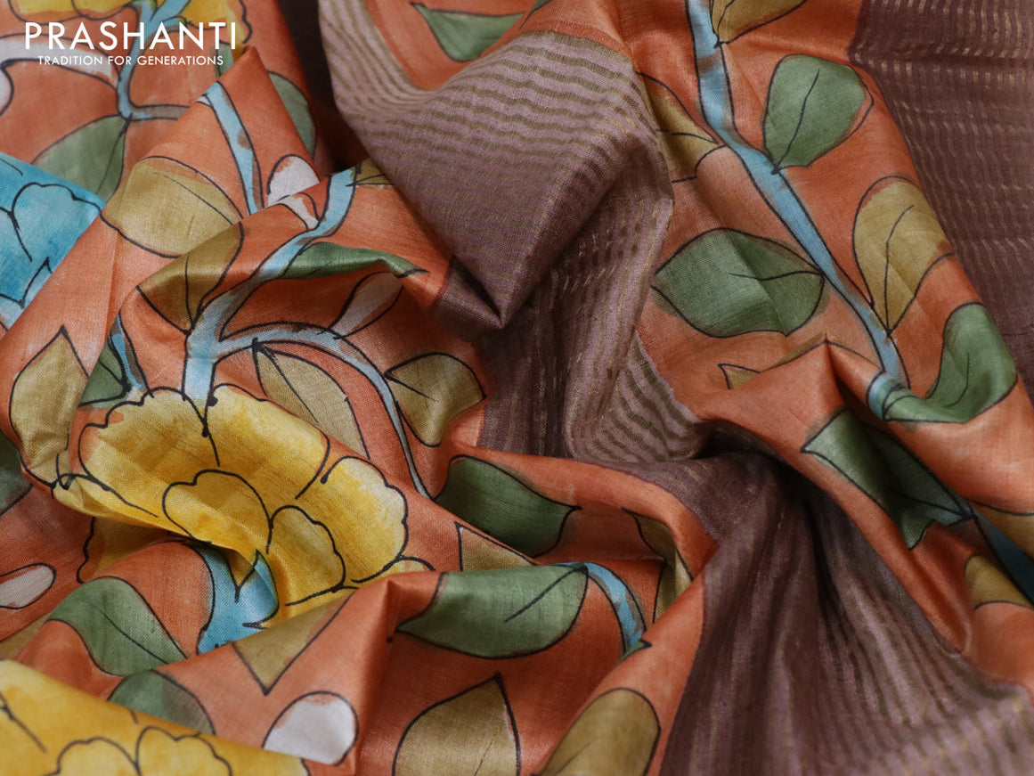 Pure tussar silk saree orange and grey with allover hand painted kalamkari prints and zari woven border