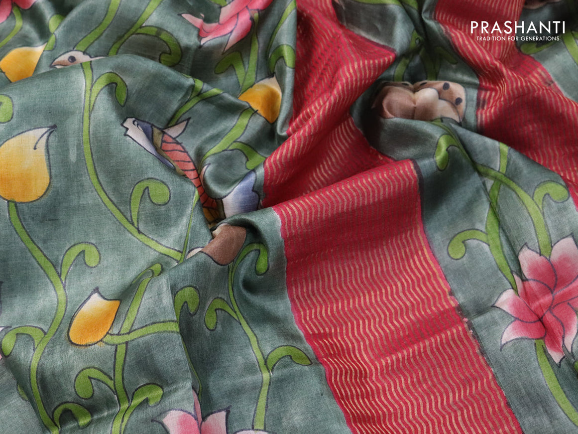 Pure tussar silk saree green and maroon with allover hand painted kalamkari prints and zari woven border