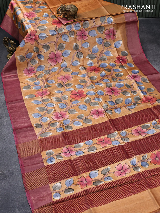Pure tussar silk saree rustic yellow and maroon with allover hand painted kalamkari prints and zari woven border
