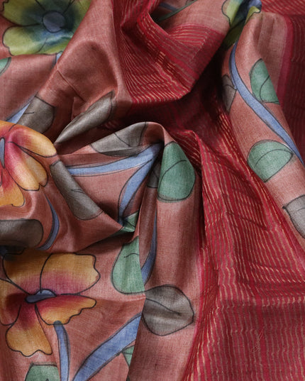 Pure tussar silk saree brown and maroon with allover hand painted kalamkari prints and zari woven border