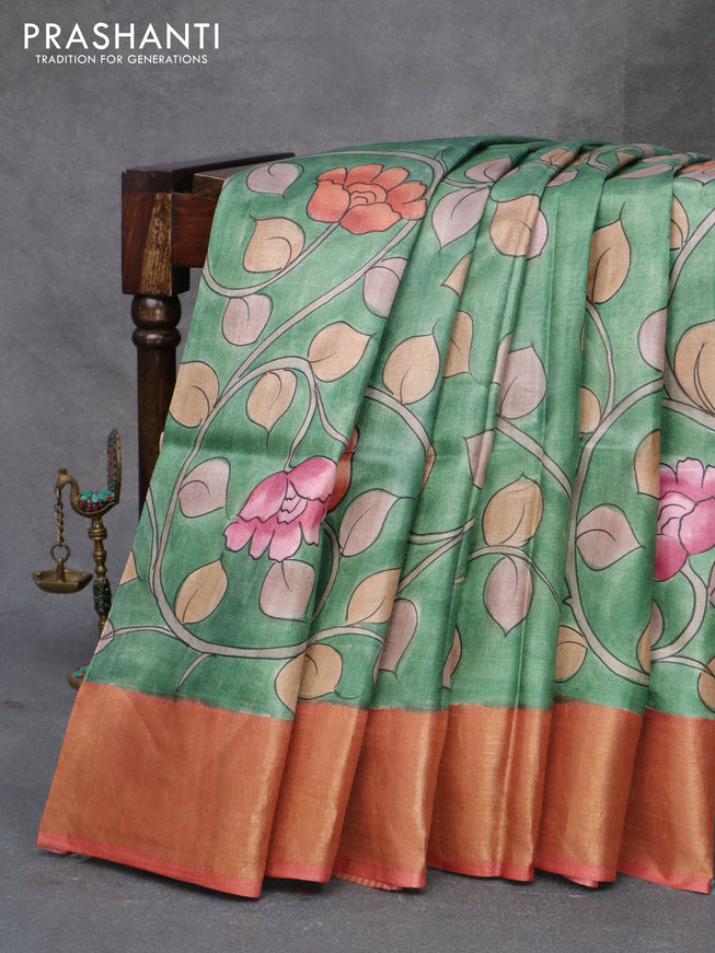 Pure tussar silk saree green and rust orange with allover hand painted kalamkari prints and zari woven border