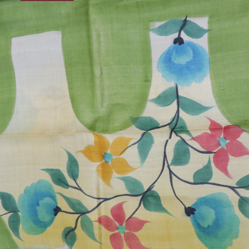 Pure tussar silk saree cream pale yellow and blue with floral hand painted prints and zari woven border