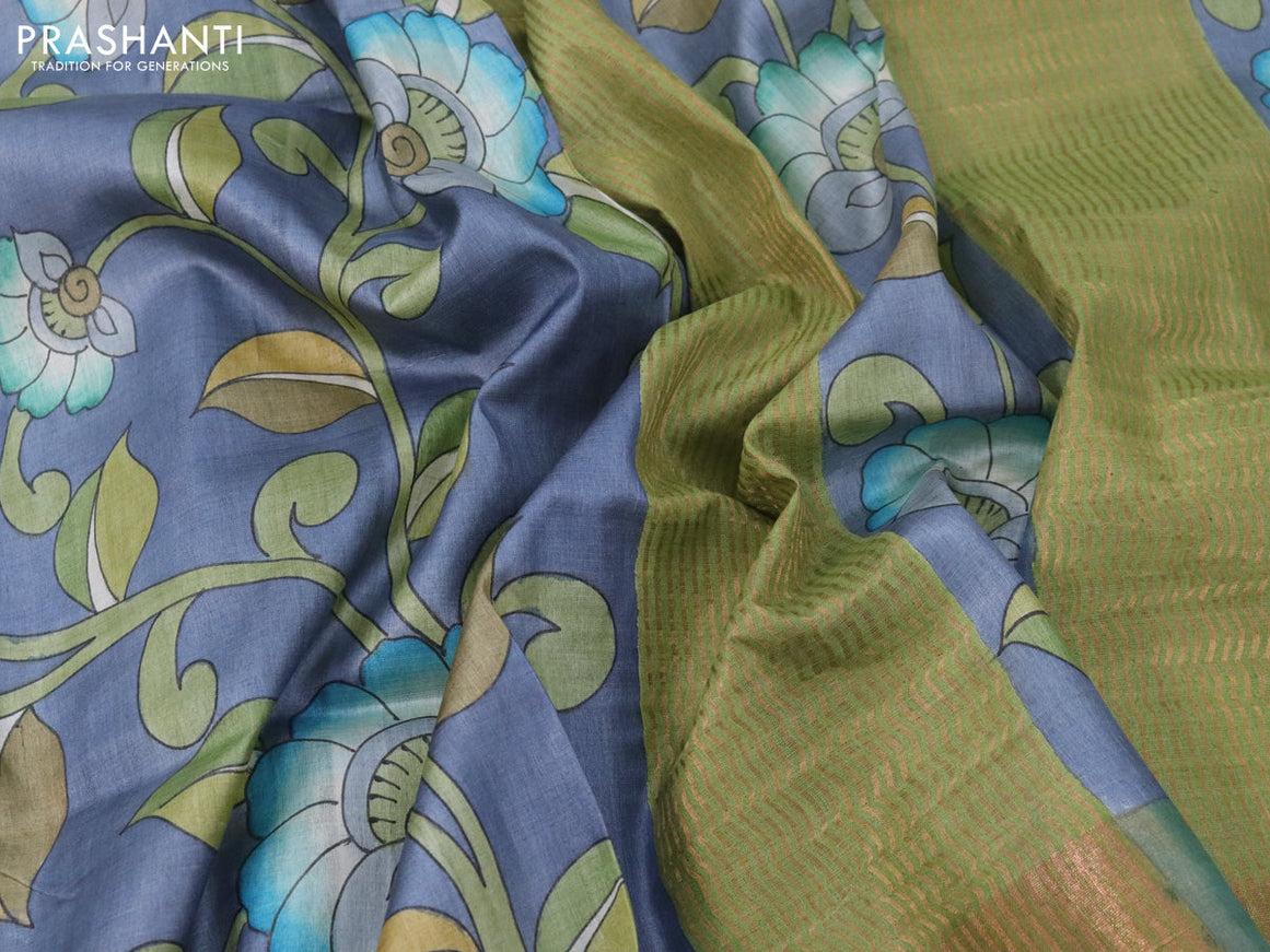 Pure tussar silk saree grey and blue with allover hand painted kalamkari prints and zari woven border
