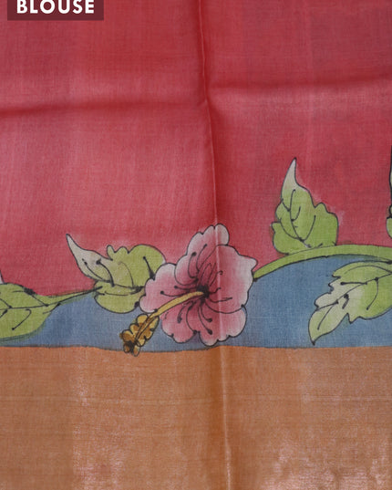 Pure tussar silk saree grey and orange red with allover hand painted kalamkari prints and zari woven border
