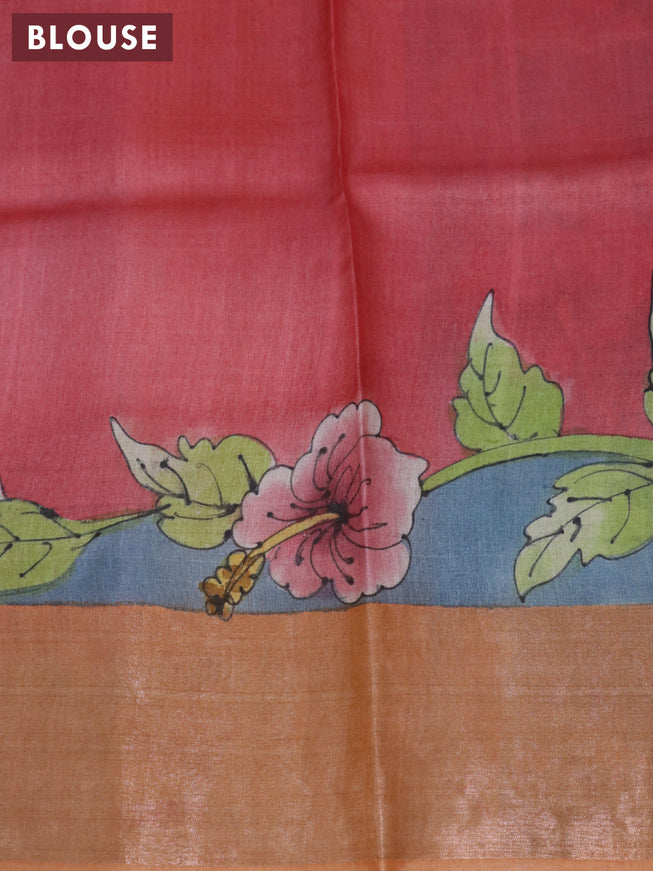 Pure tussar silk saree grey and orange red with allover hand painted kalamkari prints and zari woven border