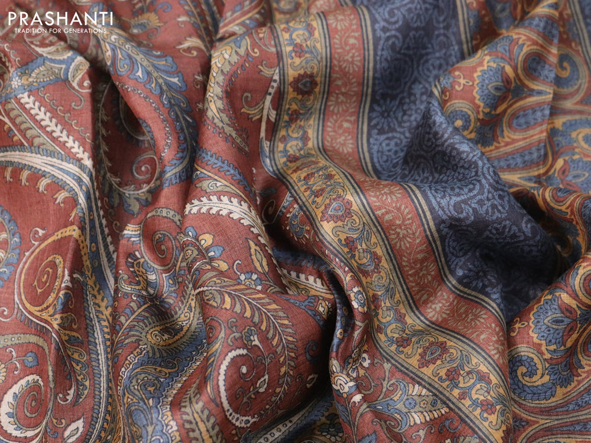 Pure tussar silk saree brown with allover paisley prints and zari woven border