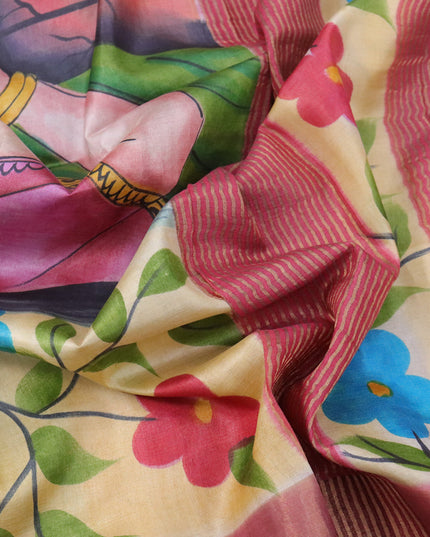 Pure tussar silk saree cream and pink with hand painted prints and zari woven border