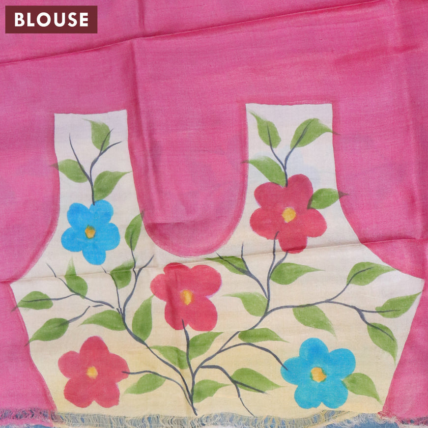 Pure tussar silk saree cream and pink with hand painted prints and zari woven border