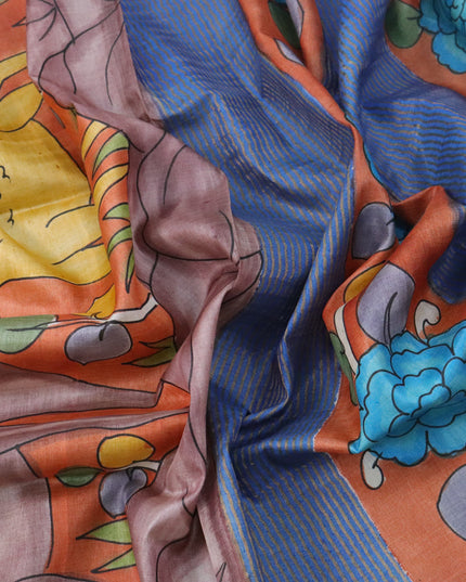 Pure tussar silk saree rustic orange and blue with allover hand painted kalamkari prints and zari woven border