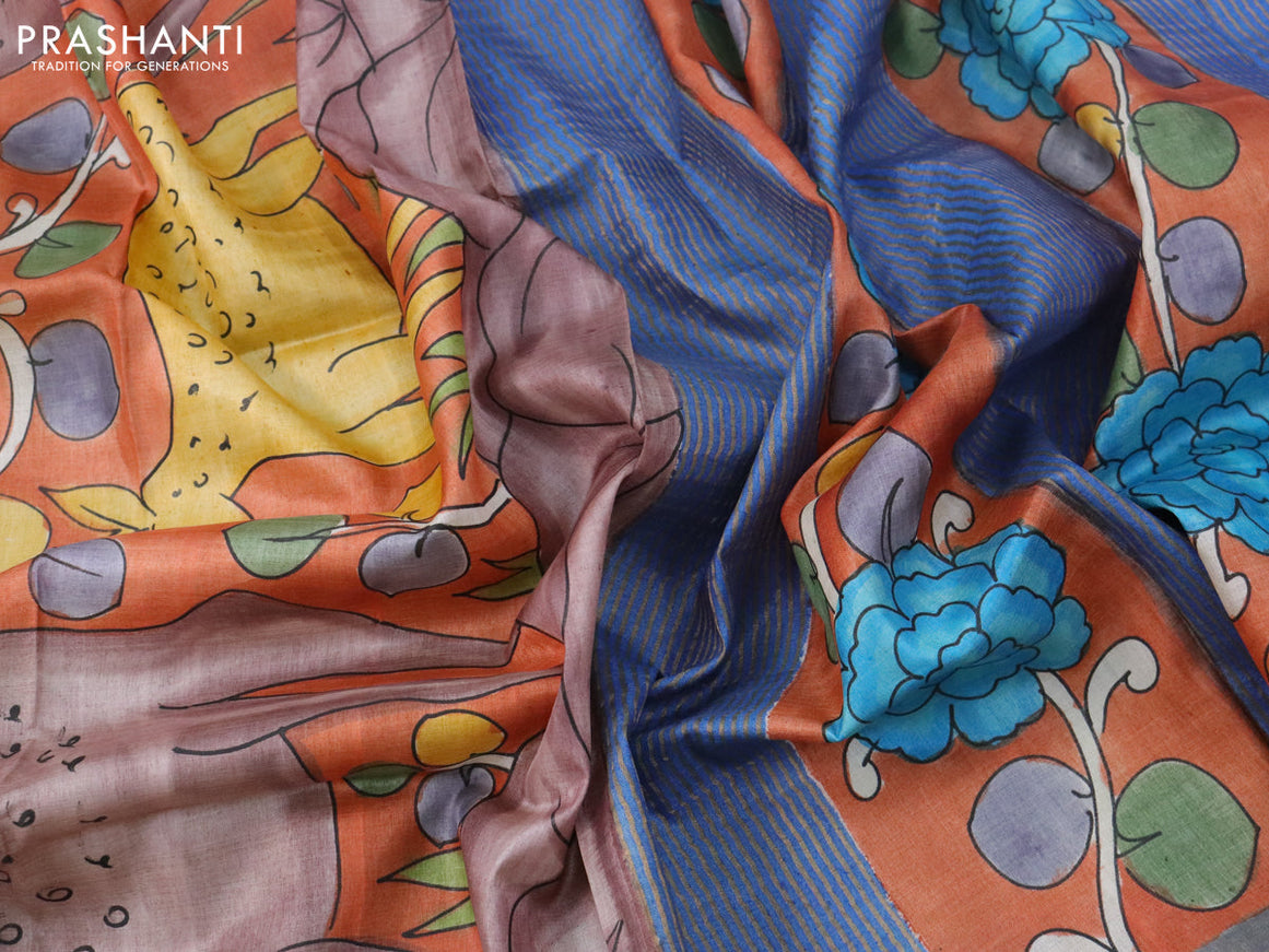 Pure tussar silk saree rustic orange and blue with allover hand painted kalamkari prints and zari woven border
