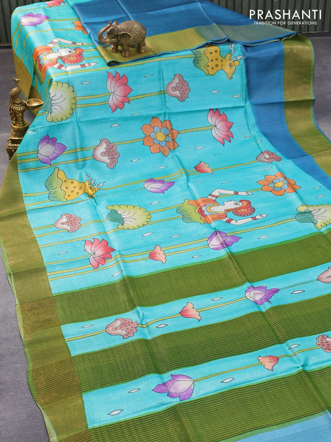 Pure tussar silk saree teal blue and green with hand painted pichwai prints and zari woven border