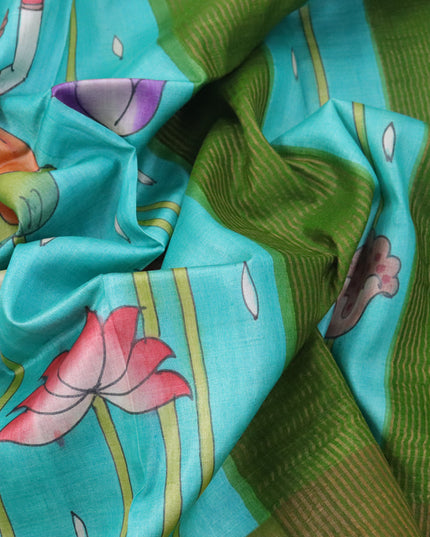 Pure tussar silk saree teal blue and green with hand painted pichwai prints and zari woven border